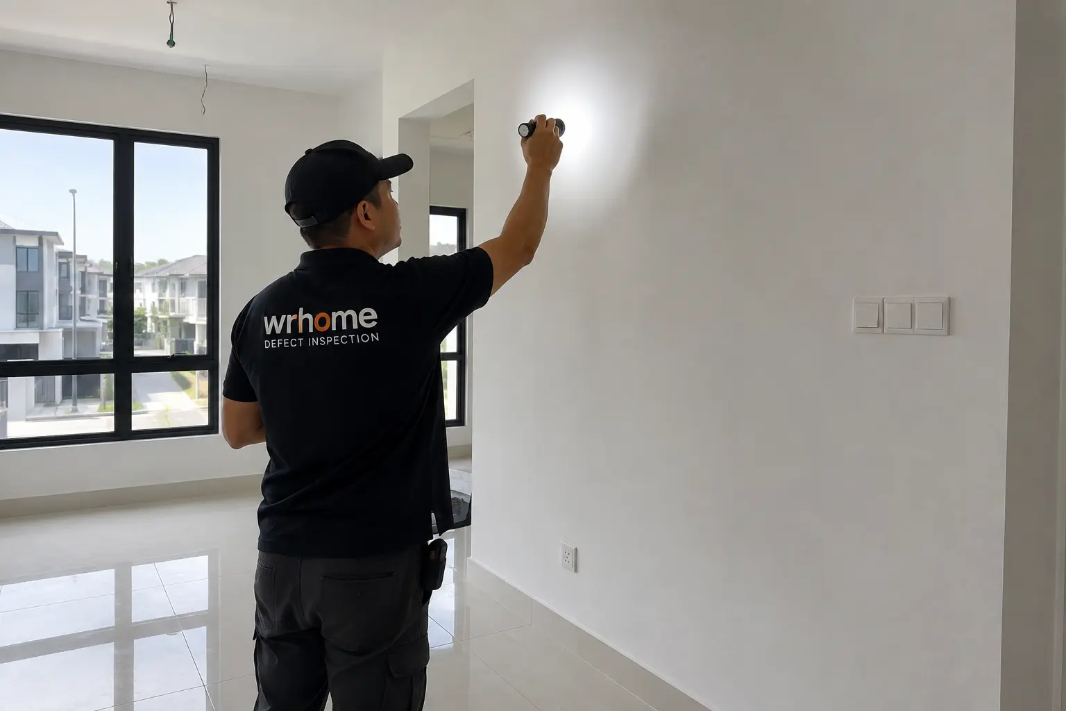 WR Home inspector checking the wall of a new property